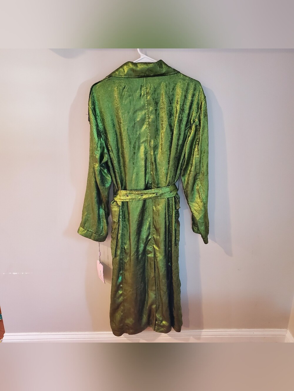 Avec Les Filles Green Metallic Shimmer Shiny Trench Coat Belted Size L - Picture 8 of 10